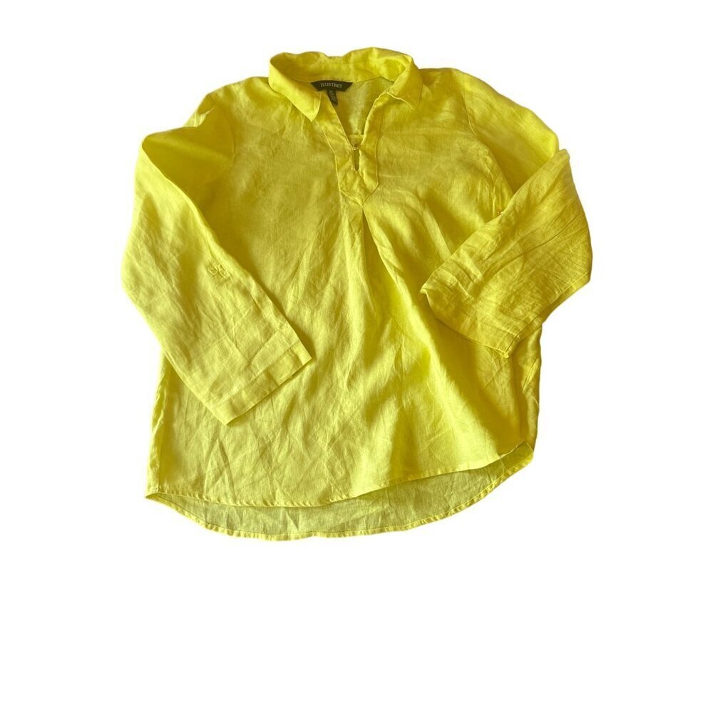 Ellen Tracy Tunic Yellow Linen Split Neck Roll Tab Sleeve Relaxed Fit Top Medium